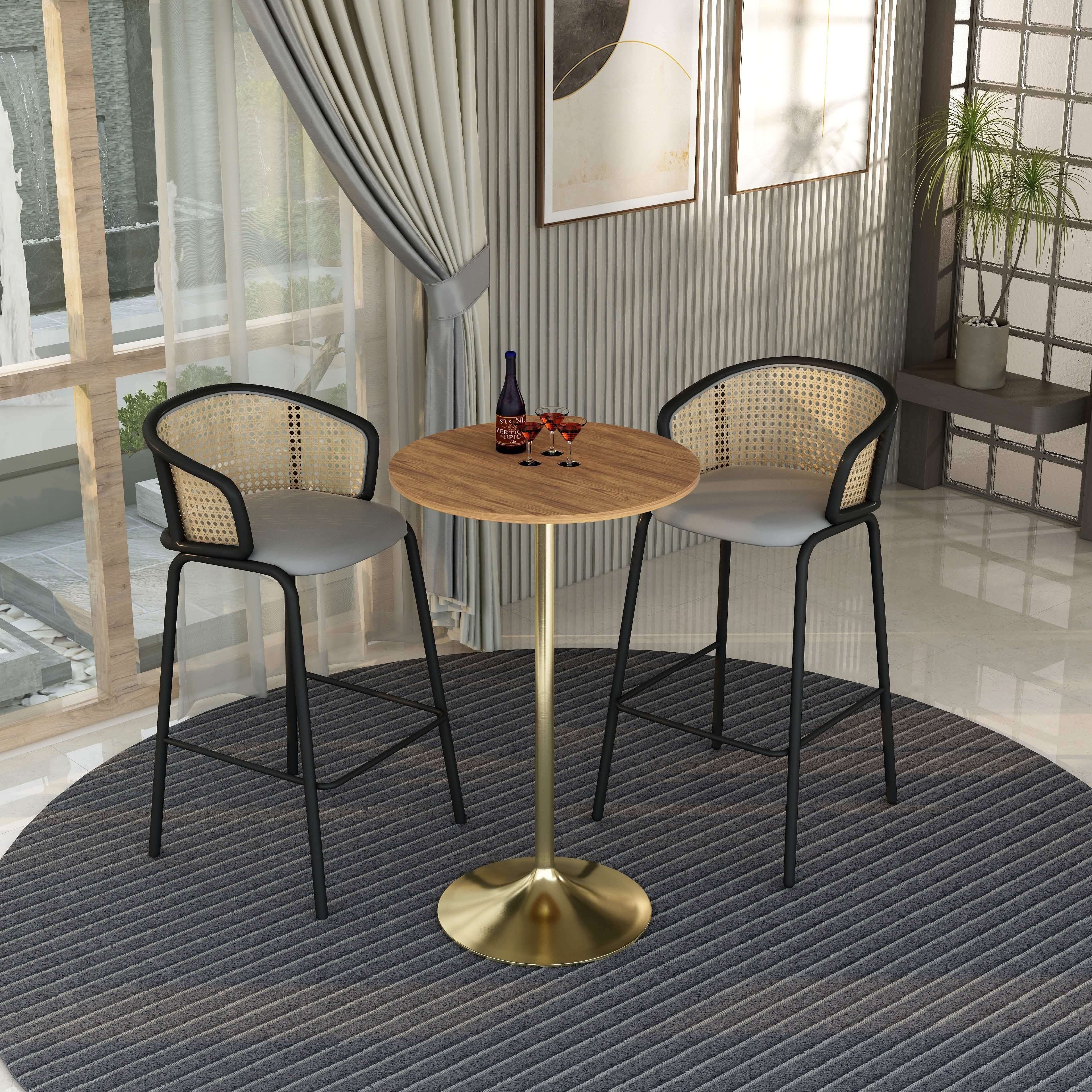 Verve Bar Height Dining Table with Round MDF/Sintered Stone/Resin Top & Gold Stainless Steel Base MDF 27 Inches Wide Cognac Brown Dining Table Leisuremod