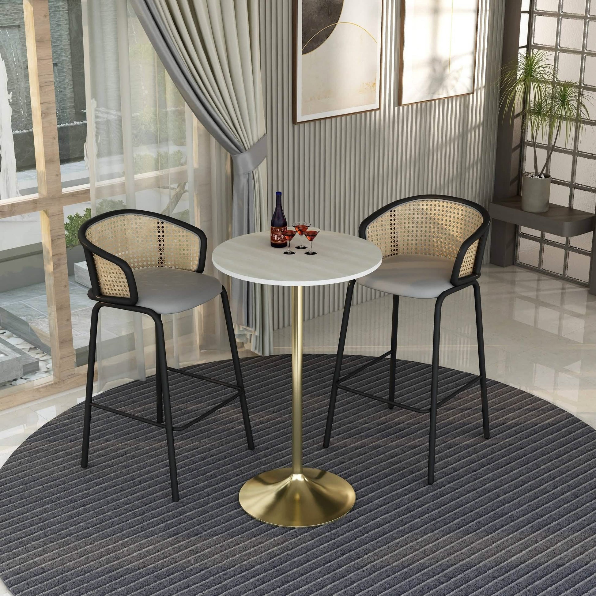Verve Bar Height Dining Table with Round MDF/Sintered Stone/Resin Top & Gold Stainless Steel Base Sintered Stone 27 Inches Wide Black Marbleized Dining Table Leisuremod