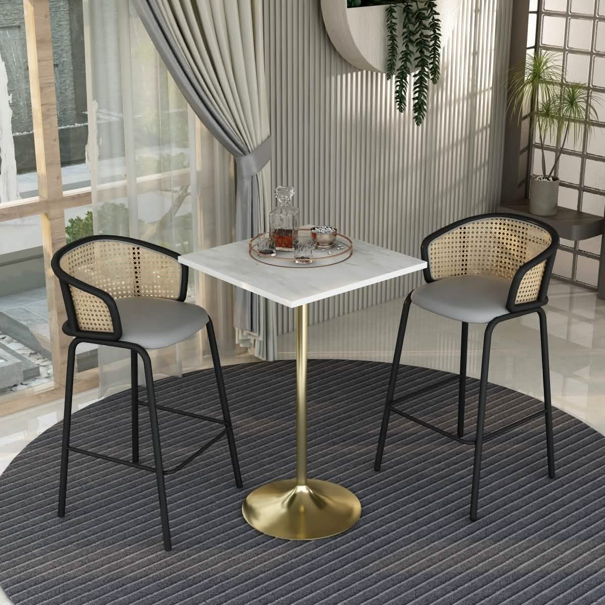 Verve Bar Height Dining Table with Square Resin Top and Black/Gold/White Stainless Steel Base 27 Inches Wide Gold Dining Table Leisuremod