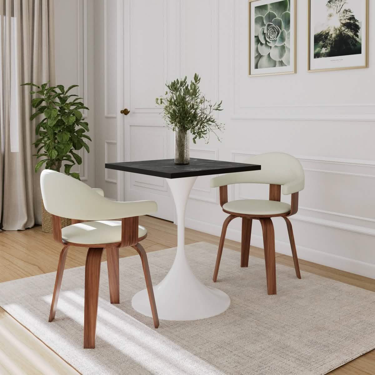 Leisuremod Dining Table Verve Collection 24"Square Dining Table, Black/White/Brushed Gold Base with MDF Top