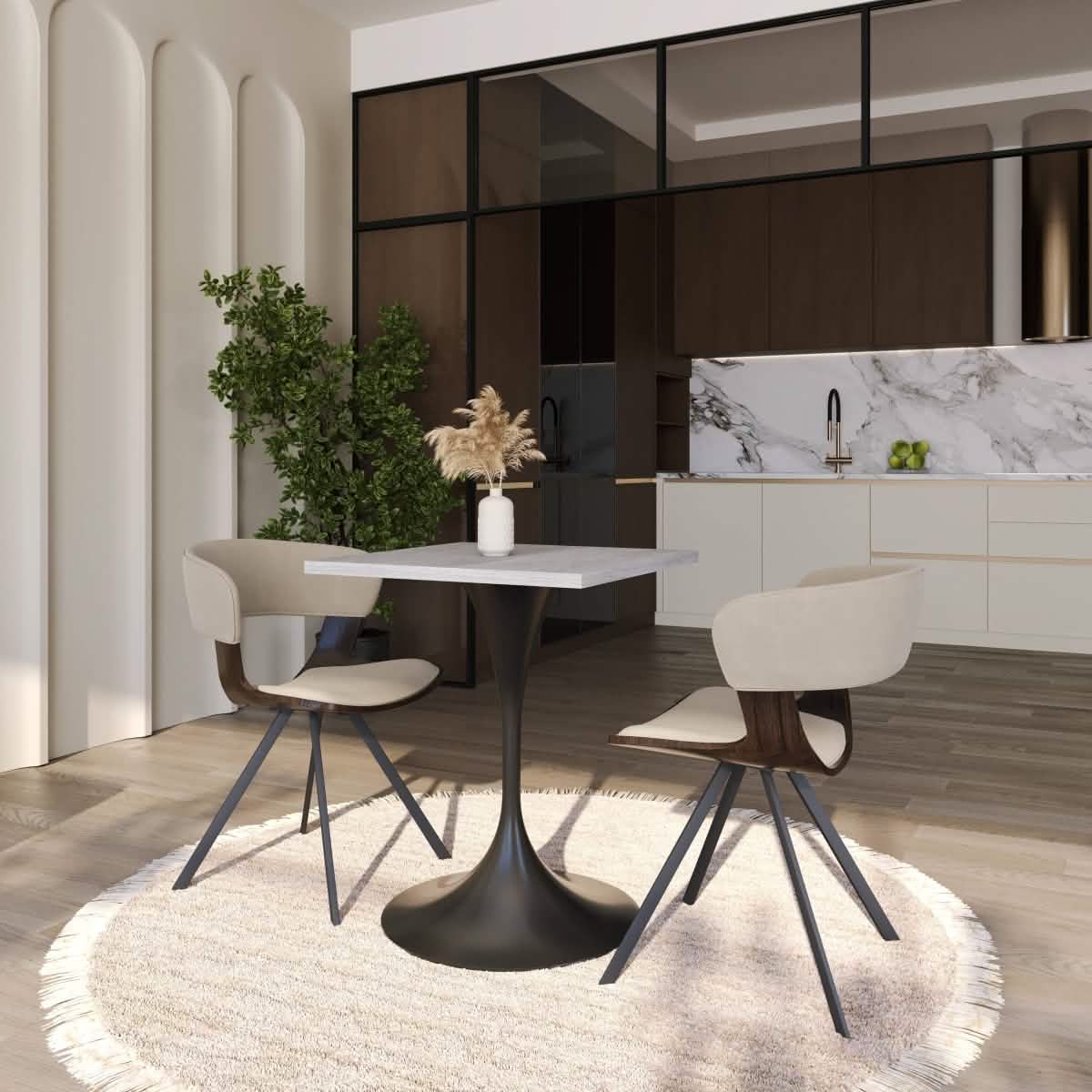 Leisuremod Dining Table Verve Collection 24"Square Dining Table, Black/White/Brushed Gold Base with MDF Top