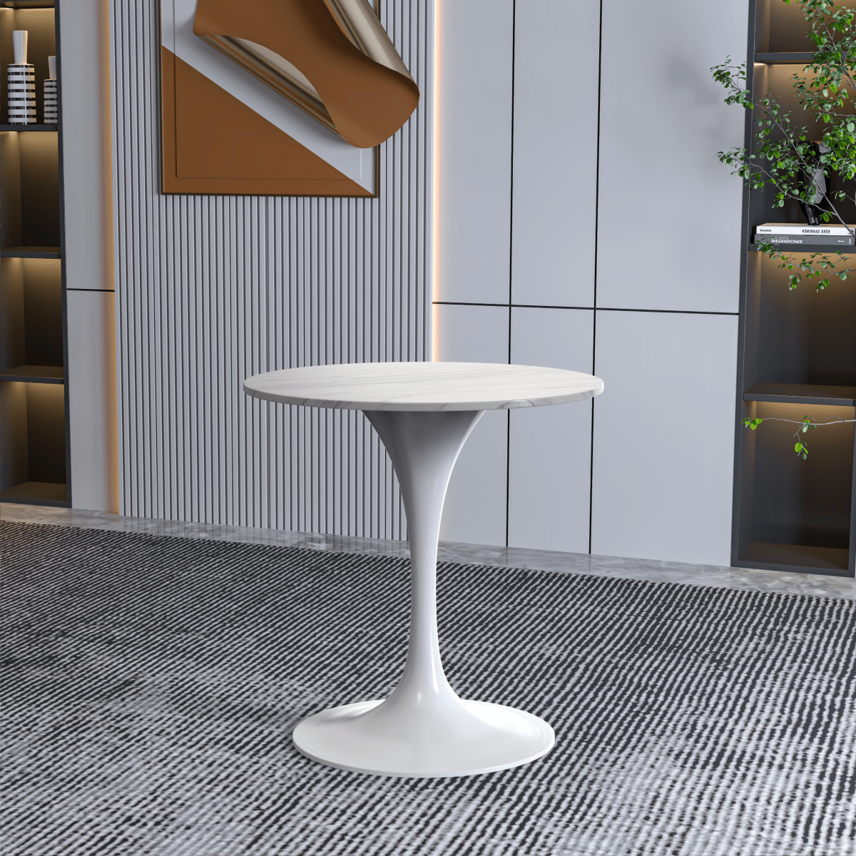 Leisuremod Dining Table Verve Round Dining Table with MDF/Sintered Stone/Resin Tabletop in White Stainless Steel Pedestal Base