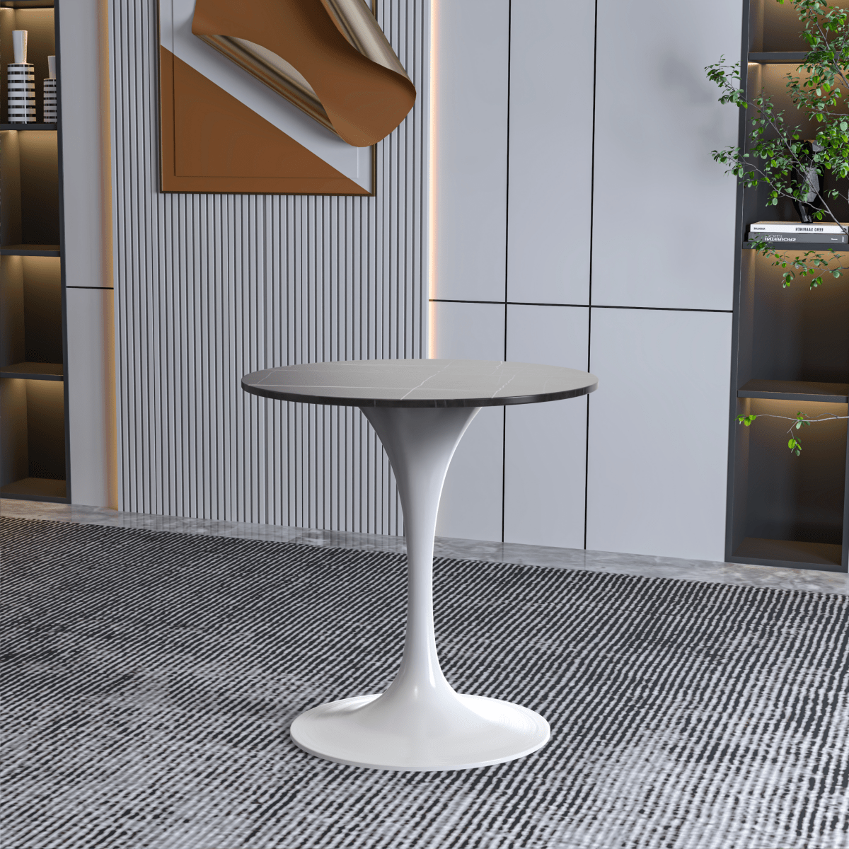 Leisuremod Dining Table Verve Round Dining Table with MDF/Sintered Stone/Resin Tabletop in White Stainless Steel Pedestal Base