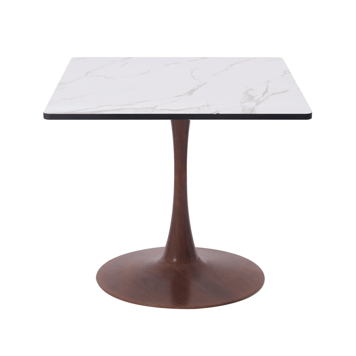 Leisuremod Dining Table Walnut Bristol 27" Square Dining Table with Marbled White MDF Top and Steel Pedestal Base