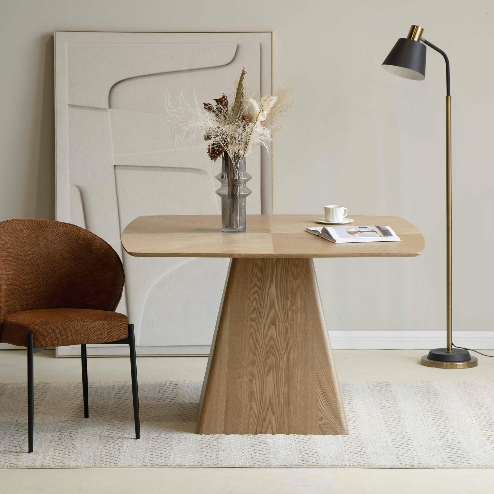 Zephyr 47" Square Dining Table with Sintered Stone/Ash Wood Tabletop and Iron Base Ash Wood Top - Natural Wood Dining Table Leisuremod