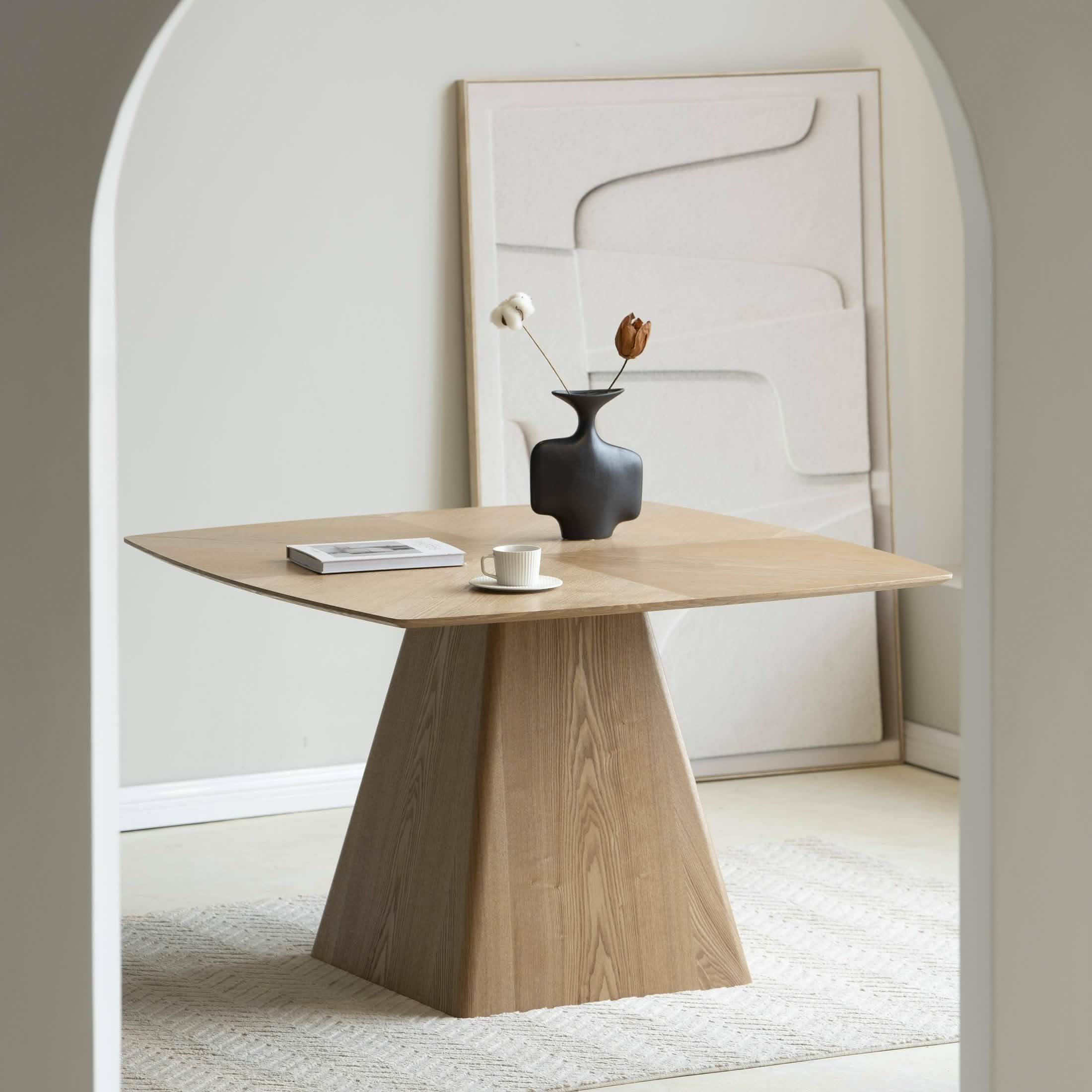 Zephyr 47" Square Dining Table with Sintered Stone/Ash Wood Tabletop and Iron Base Ash Wood Top - Natural Wood Dining Table Leisuremod