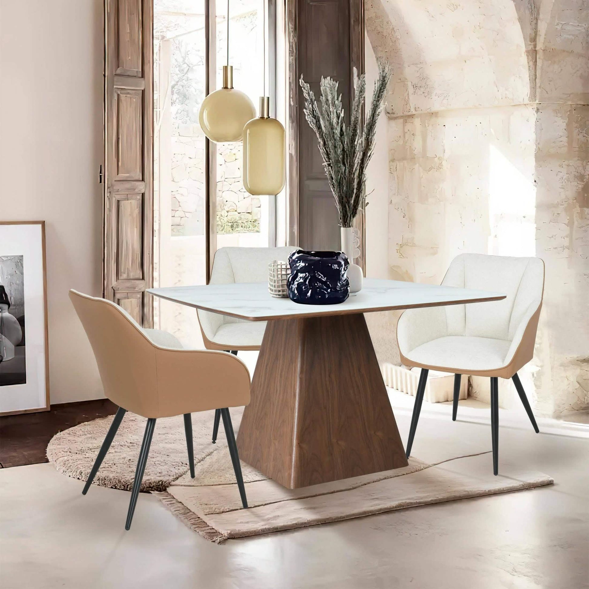 Zephyr 47" Square Dining Table with Sintered Stone/Ash Wood Tabletop and Iron Base Sintered Stone Top - White Dining Table Leisuremod