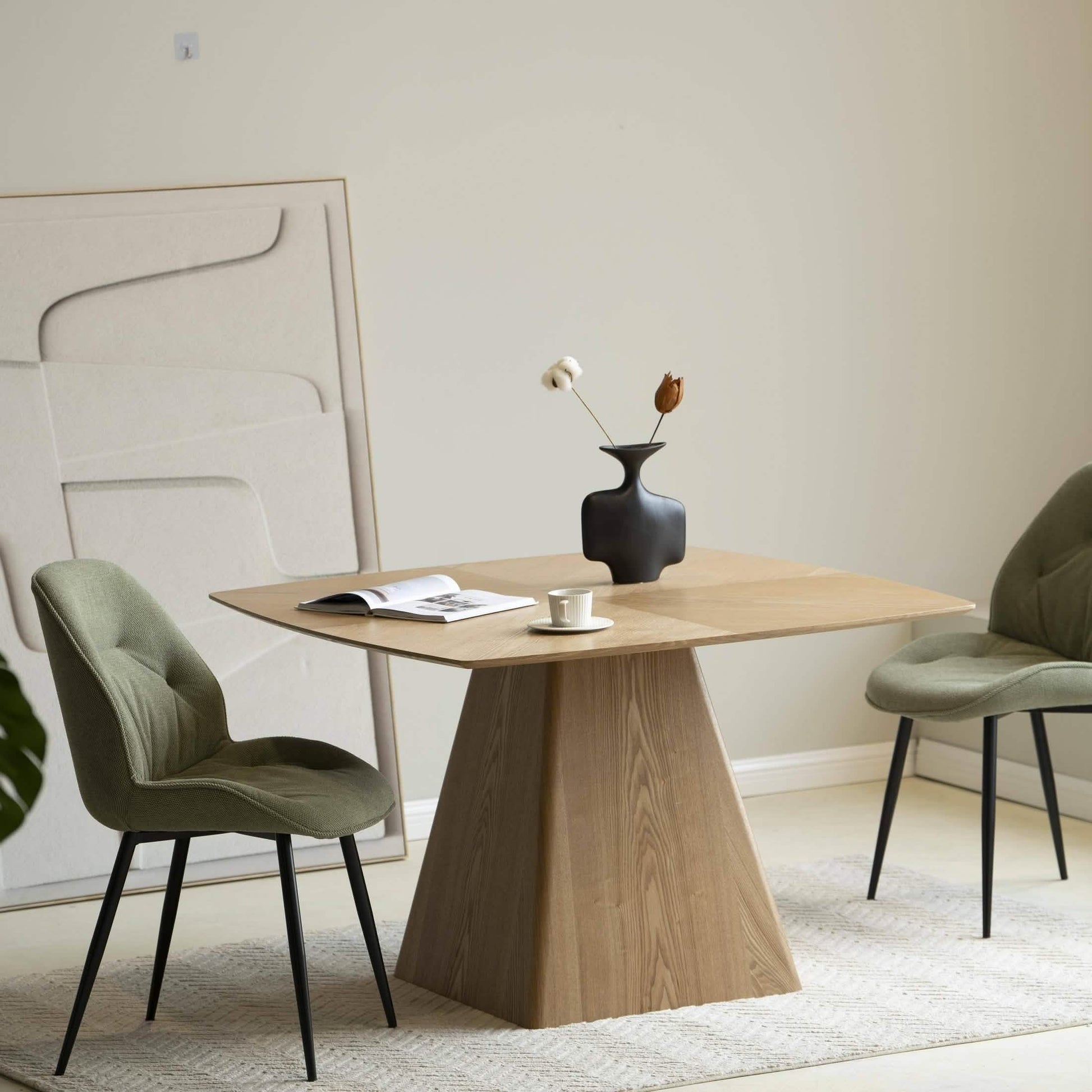 Zephyr 47" Square Dining Table with Sintered Stone/Ash Wood Tabletop and Iron Base Ash Wood Top - Natural Wood Dining Table Leisuremod