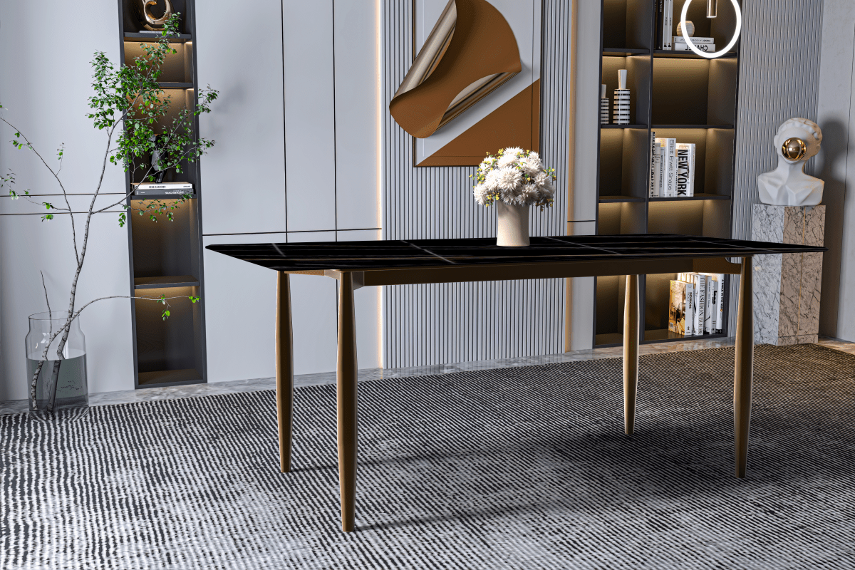 Leisuremod Dining Table Zinti Rectangular Dining Table with Glass/Sintered Stone Tabletop and Steel Base