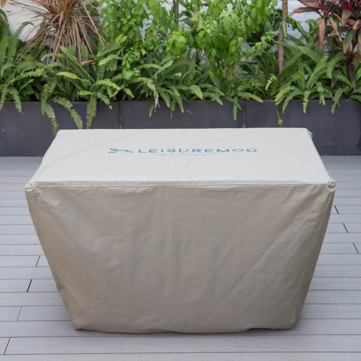 Chelsea Waterproof Fabric Rectangle Fire Pit Table Cover Taupe Fire Pits Leisuremod
