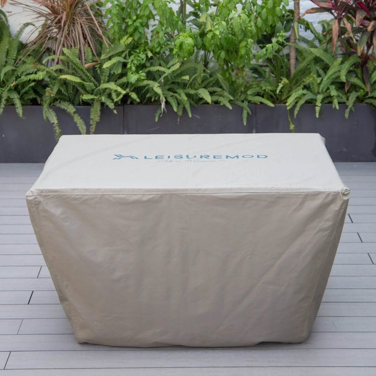 Chelsea Waterproof Fabric Rectangle Fire Pit Table Cover Taupe Fire Pits Leisuremod