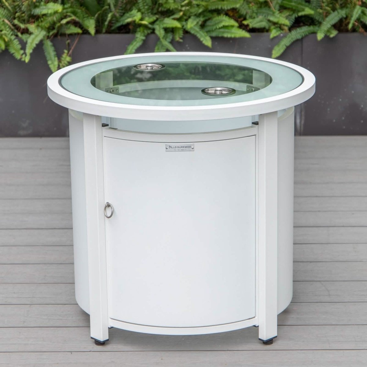 Leisuremod Fire Pits Walbrooke Modern Round Tank Holder Table with Tempered Glass Top and Powder Coated Aluminum Slats/Non Slats Design