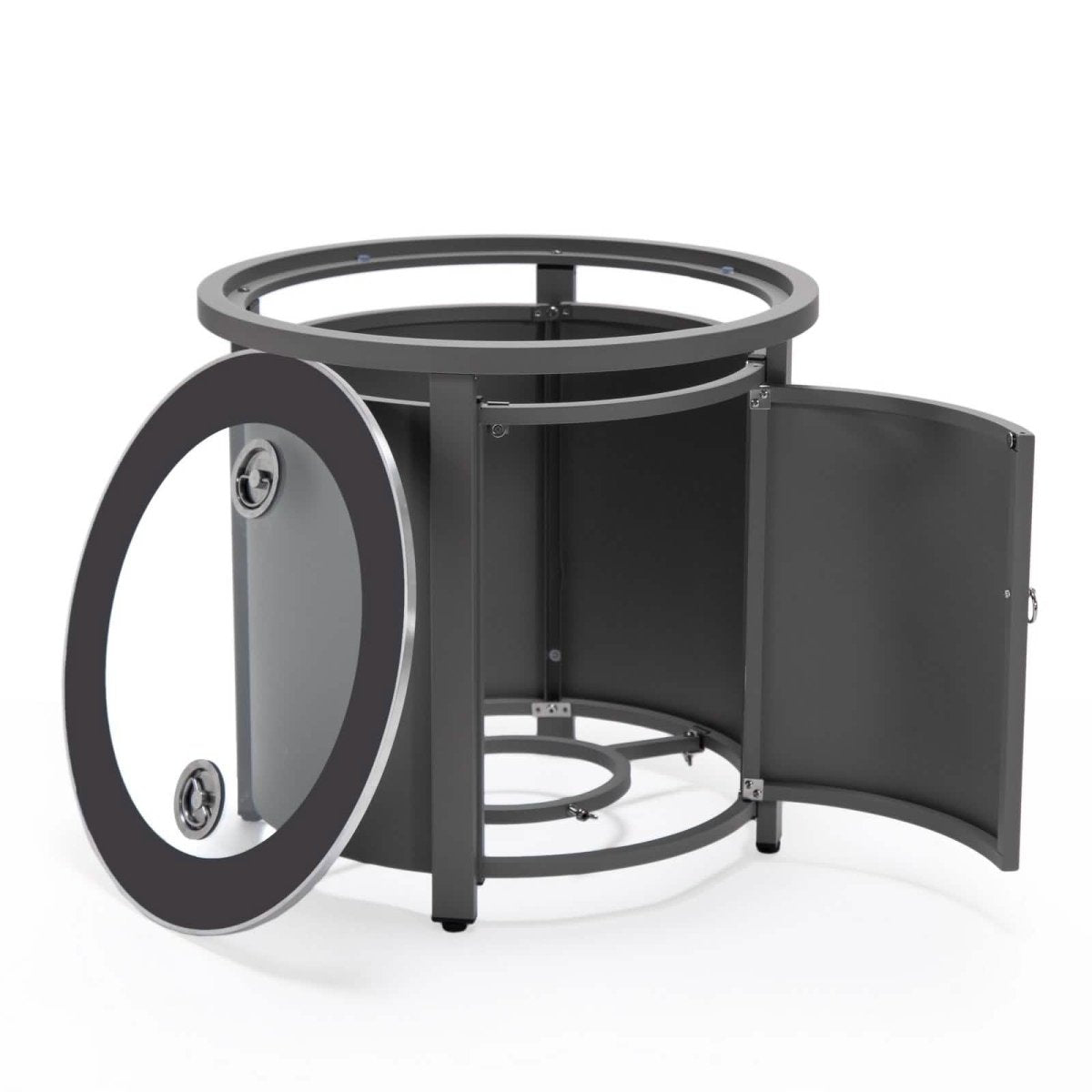 Walbrooke Modern Round Tank Holder Table with Tempered Glass Top and Powder Coated Aluminum Slats/Non Slats Design Non Slats White Fire Pits Leisuremod