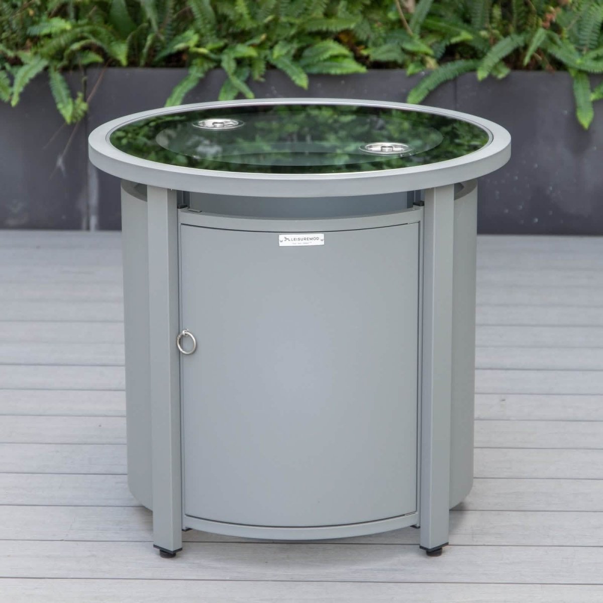 Walbrooke Modern Round Tank Holder Table with Tempered Glass Top and Powder Coated Aluminum Slats/Non Slats Design Non Slats White Fire Pits Leisuremod