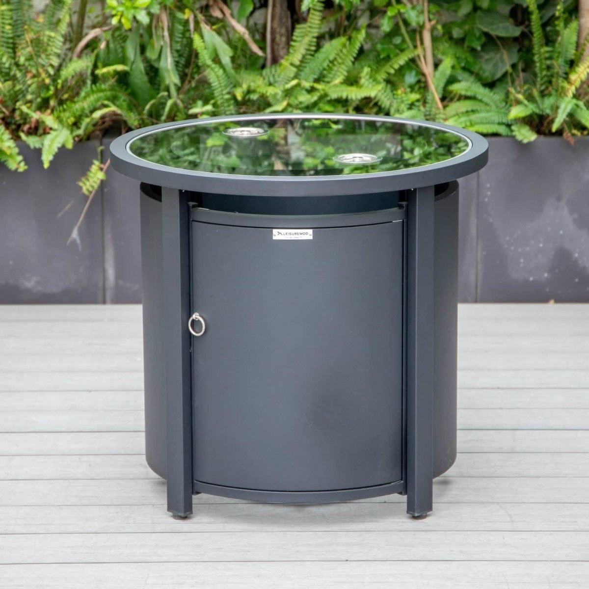 Walbrooke Modern Round Tank Holder Table with Tempered Glass Top and Powder Coated Aluminum Slats/Non Slats Design Non Slats Black Fire Pits Leisuremod