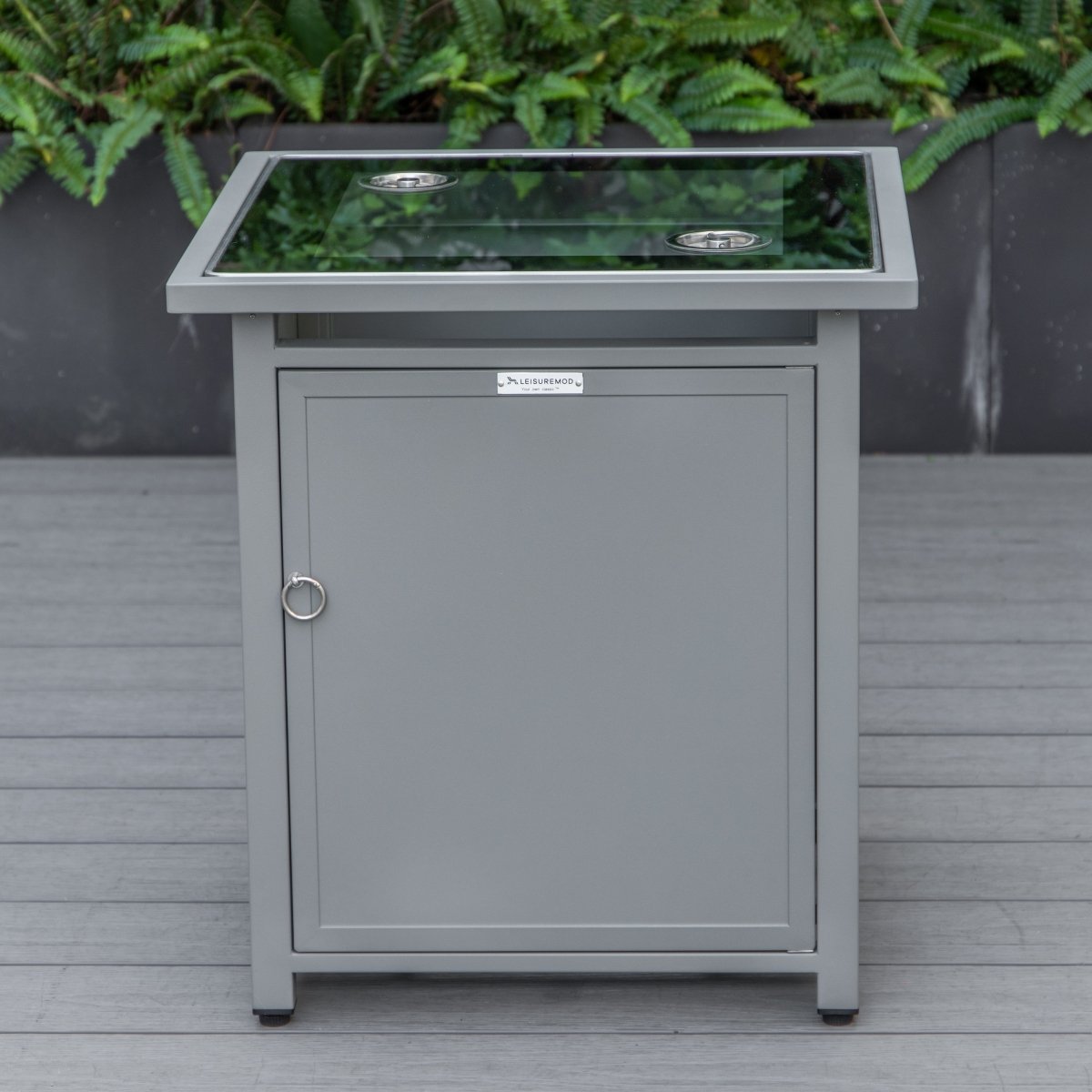 Walbrooke Modern Square Tank Holder Table with Tempered Glass Top and Powder Coated Aluminum Slats/Non Slats Design Non Slats Grey Fire Pits Leisuremod