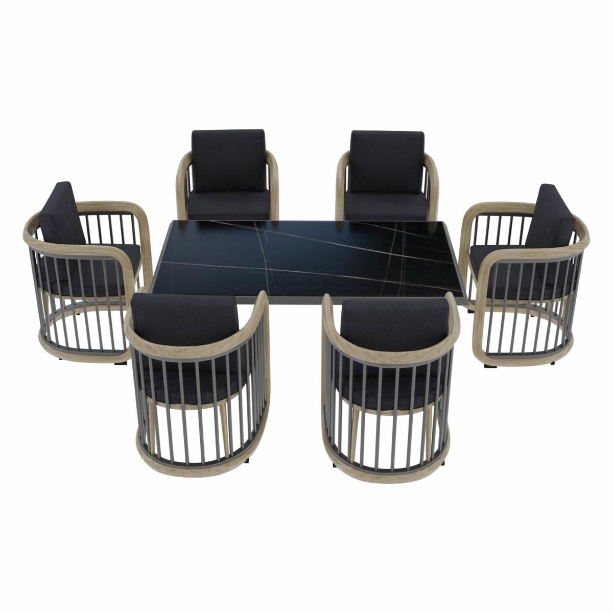 LeisureMod Klyra 7 - Piece Aluminum Dining Set with 1 Rectangular Dining Table and 6 Dining Chairs in Grey