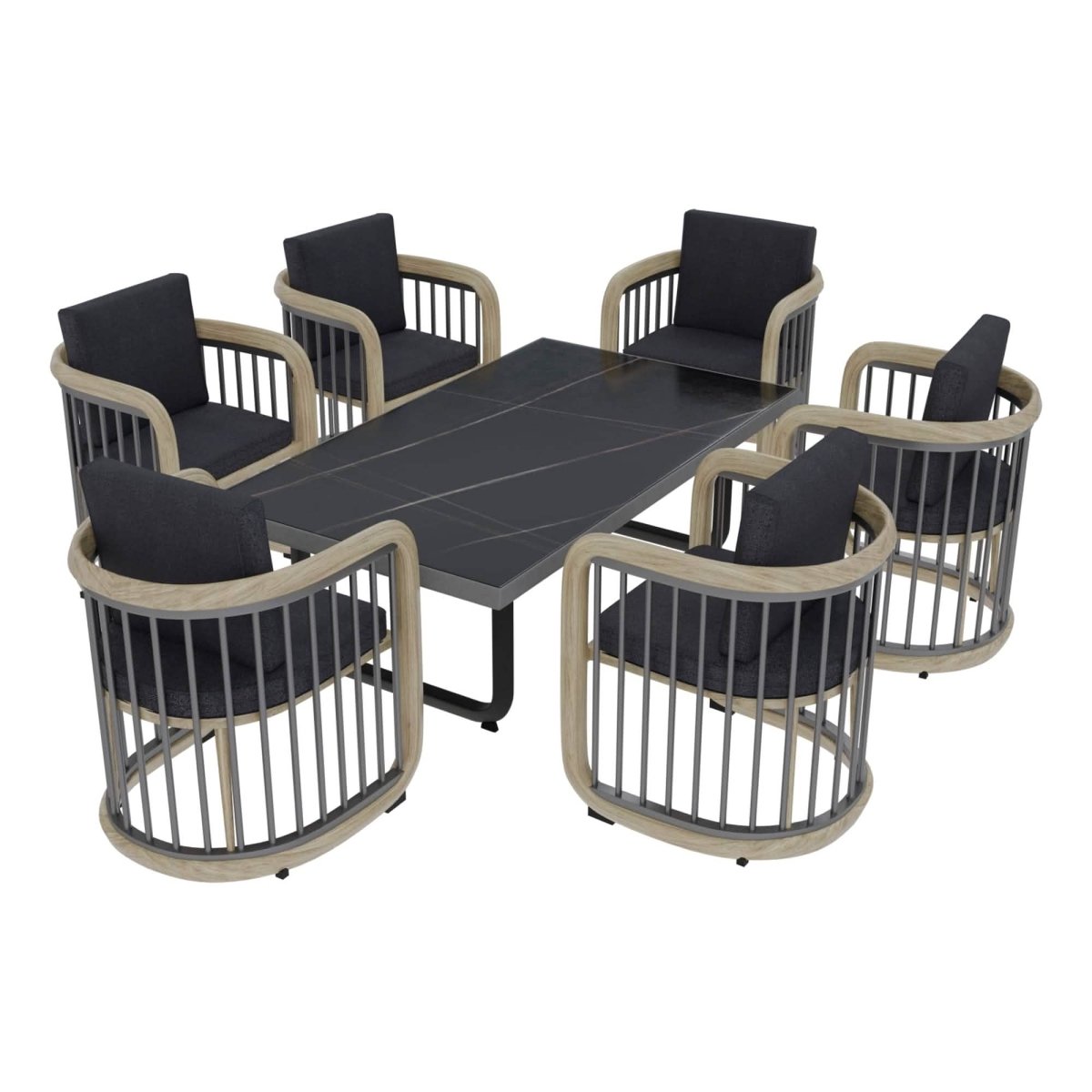 LeisureMod Klyra 7 - Piece Aluminum Dining Set with 1 Rectangular Dining Table and 6 Dining Chairs in Grey