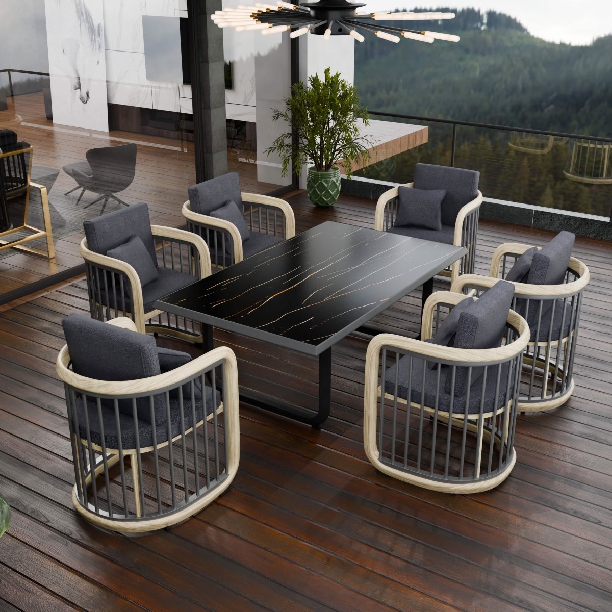LeisureMod Klyra 7 - Piece Aluminum Dining Set with 1 Rectangular Dining Table and 6 Dining Chairs in Grey