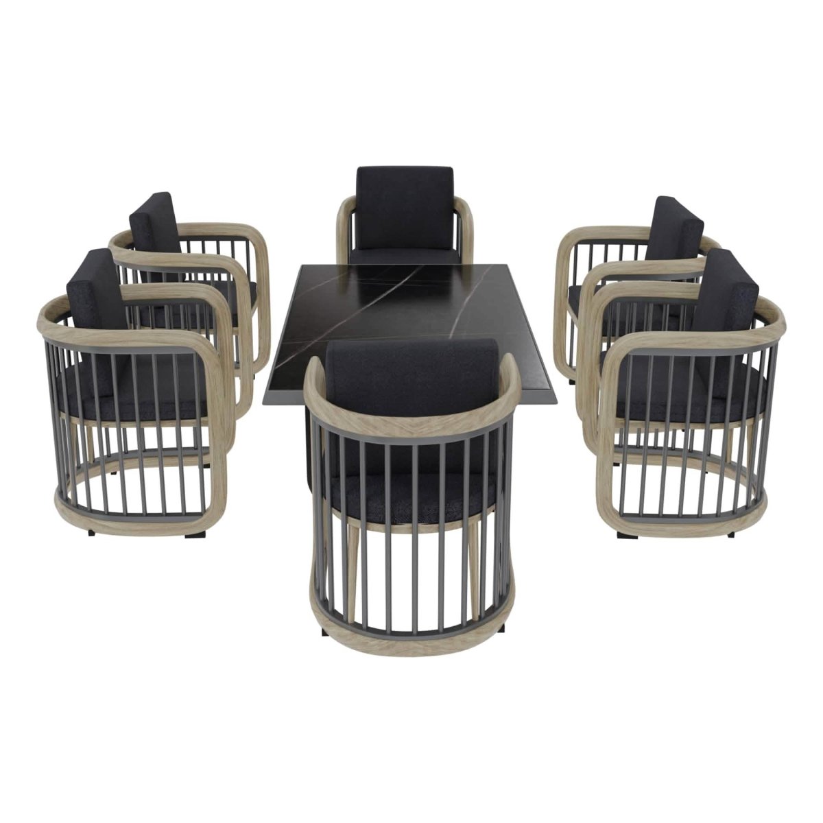 LeisureMod Klyra 7 - Piece Aluminum Dining Set with 1 Rectangular Dining Table and 6 Dining Chairs in Grey