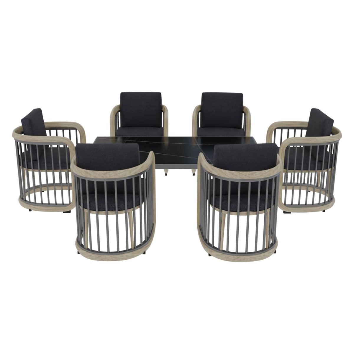 LeisureMod Klyra 7 - Piece Aluminum Dining Set with 1 Rectangular Dining Table and 6 Dining Chairs in Grey