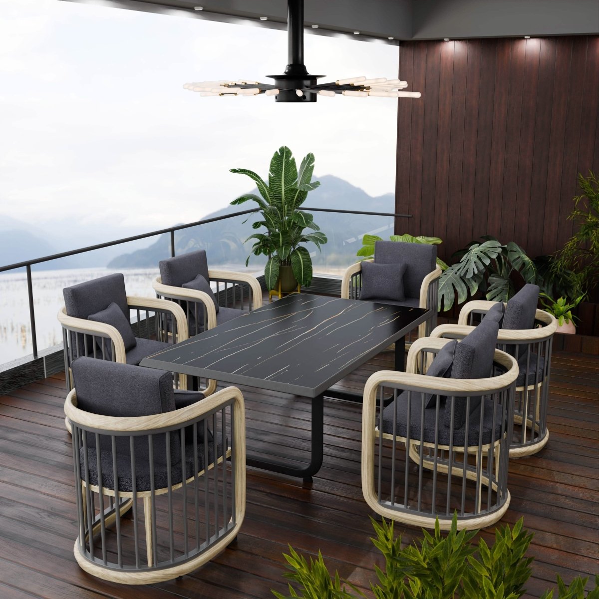 LeisureMod Klyra 7 - Piece Aluminum Dining Set with 1 Rectangular Dining Table and 6 Dining Chairs in Grey