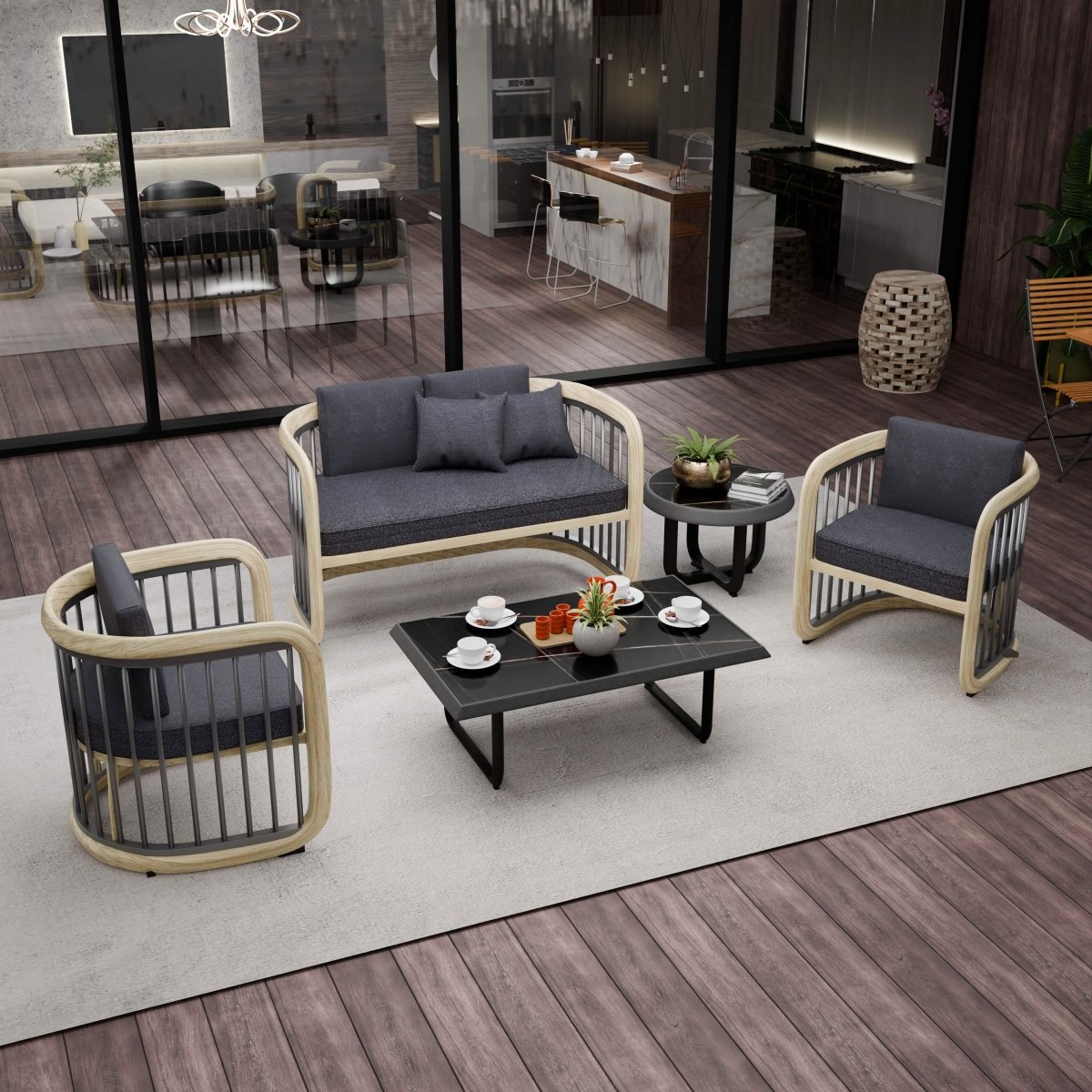 LeisureMod Klyra Patio Furniture Set – 5 - Piece Aluminum Seating in Grey