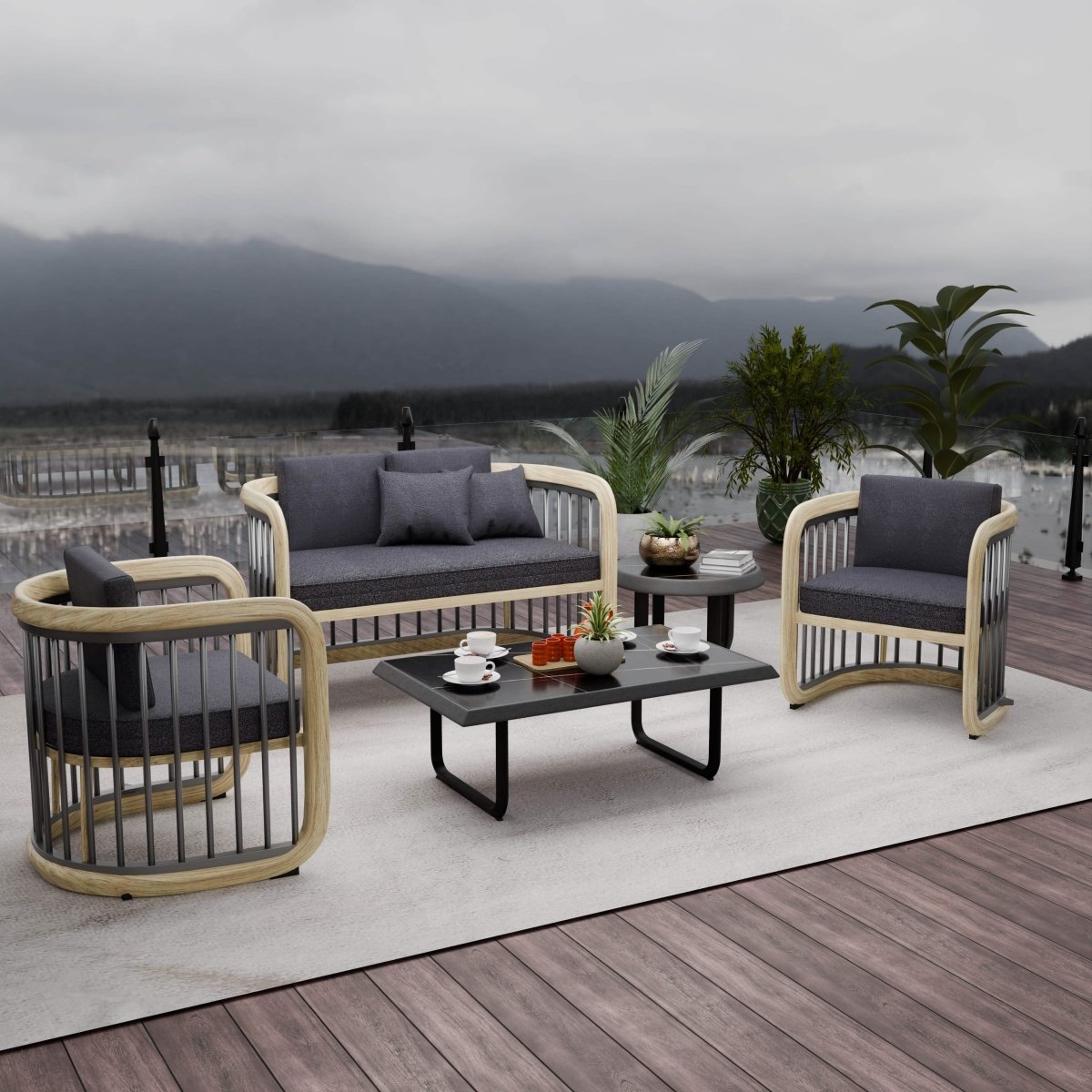 LeisureMod Klyra Patio Furniture Set – 5 - Piece Aluminum Seating in Grey