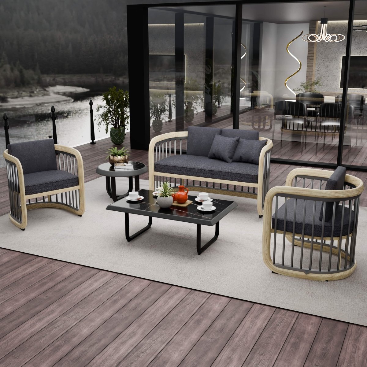 LeisureMod Klyra Patio Furniture Set – 5 - Piece Aluminum Seating in Grey