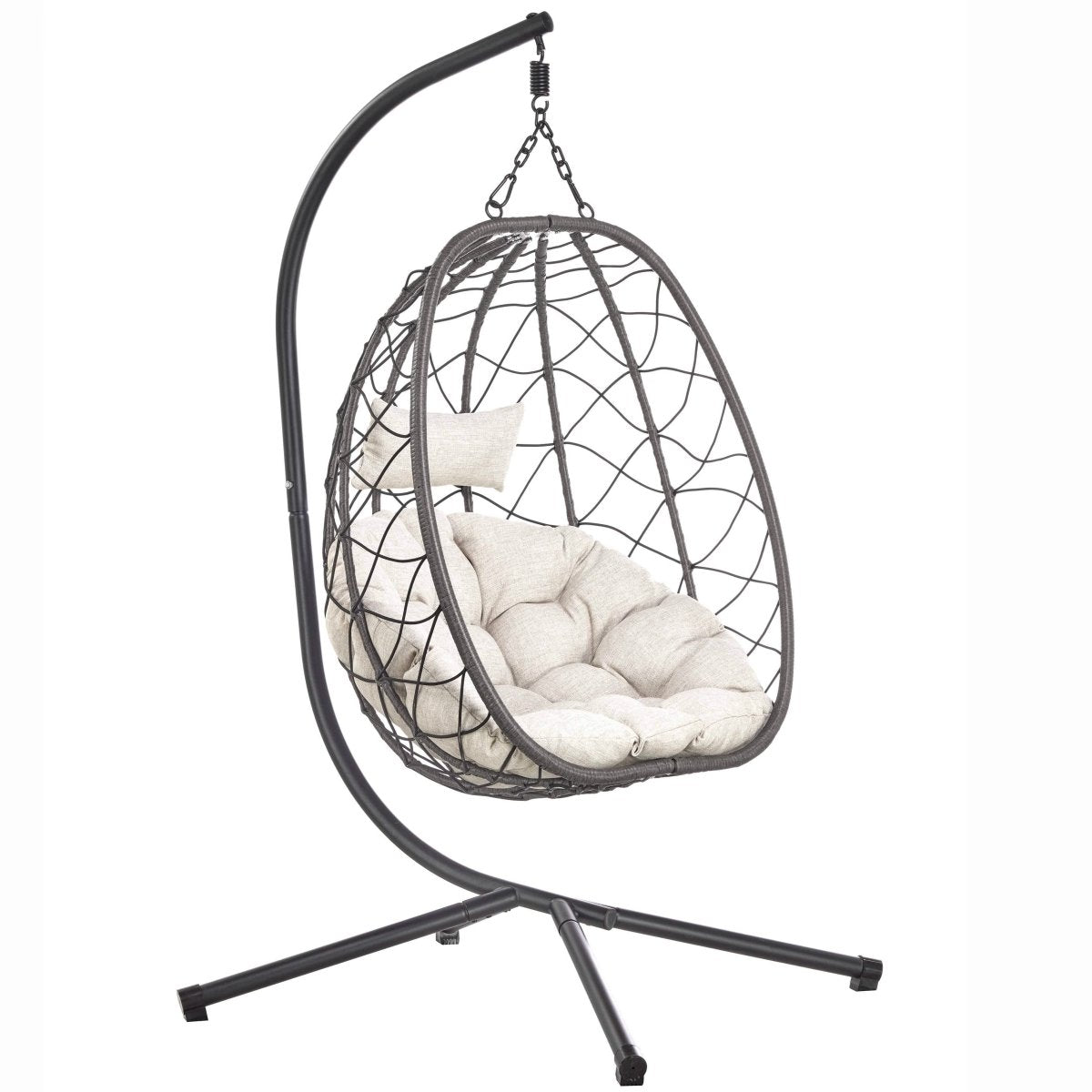 Summit Outdoor Single Person Egg Swing Chair in Grey/Black/Brown Steel Frame With Removable Cushions Light Brown Leisuremod