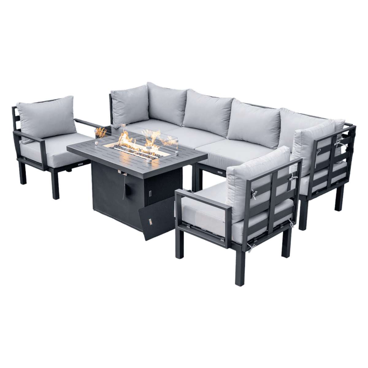 Chelsea 7-Piece Patio Sectional Set in Black Aluminum with Fire Pit Table Light Grey Leisuremod