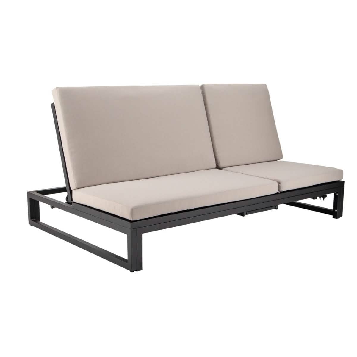 Chelsea Aluminum Outdoor 2 in 1 Convertible Sofa and Double Chaise Lounge Chair with Removable Cushions Black Beige Lounge Chair Leisuremod