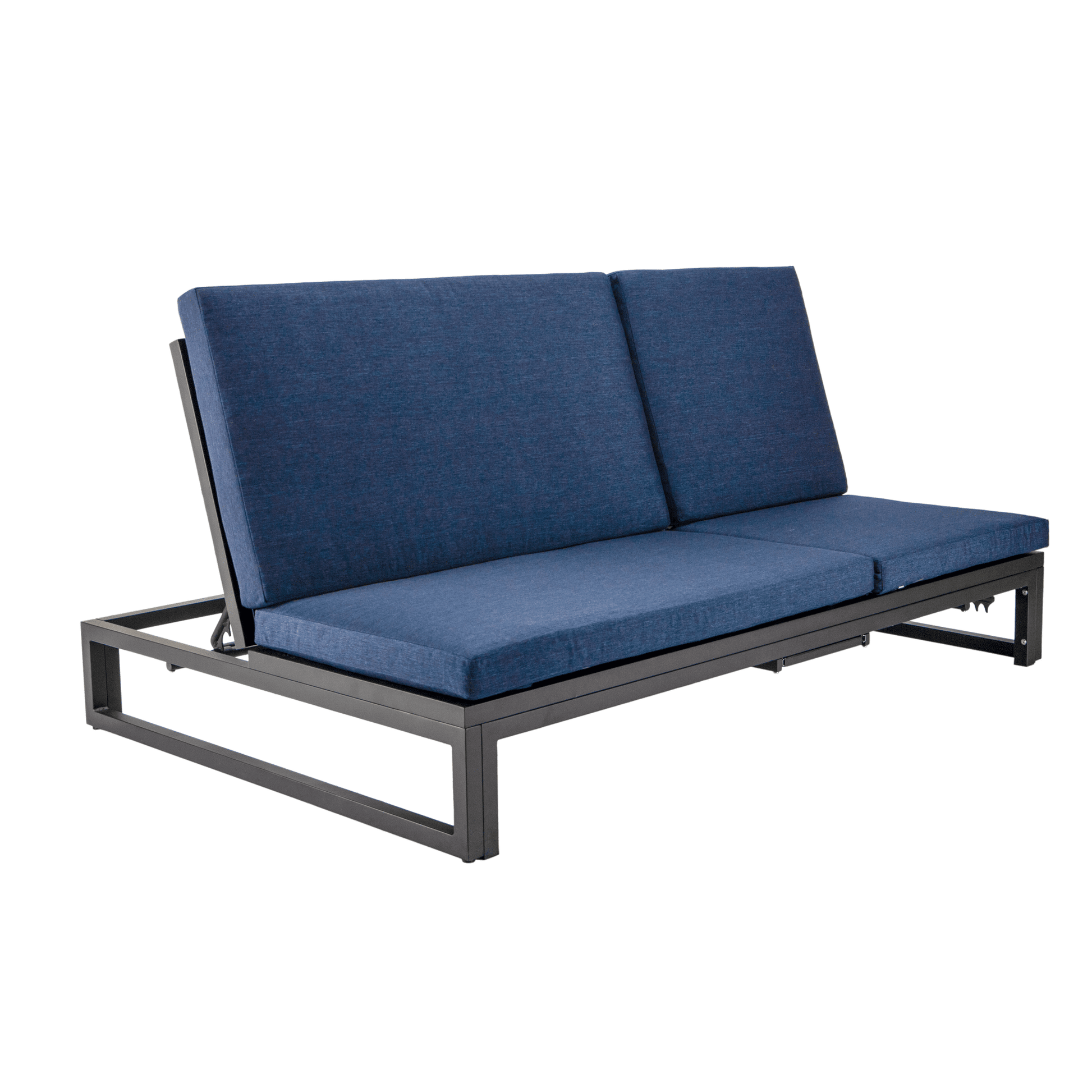 Chelsea Aluminum Outdoor 2 in 1 Convertible Sofa and Double Chaise Lounge Chair with Removable Cushions Black Blue Lounge Chair Leisuremod