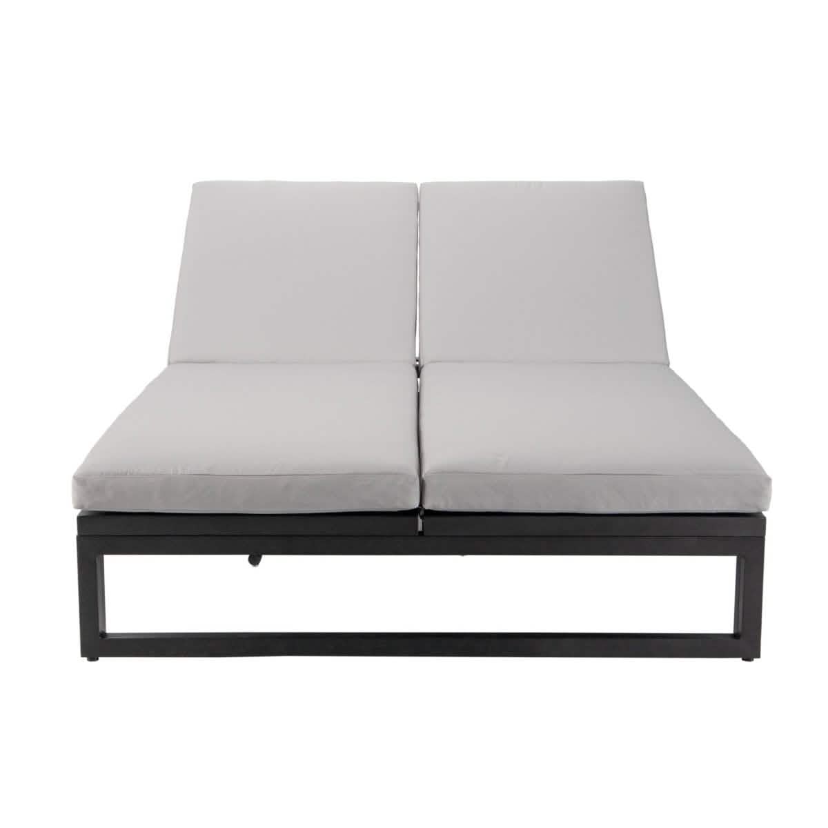 Chelsea Aluminum Outdoor 2 in 1 Convertible Sofa and Double Chaise Lounge Chair with Removable Cushions Black Light Grey Lounge Chair Leisuremod