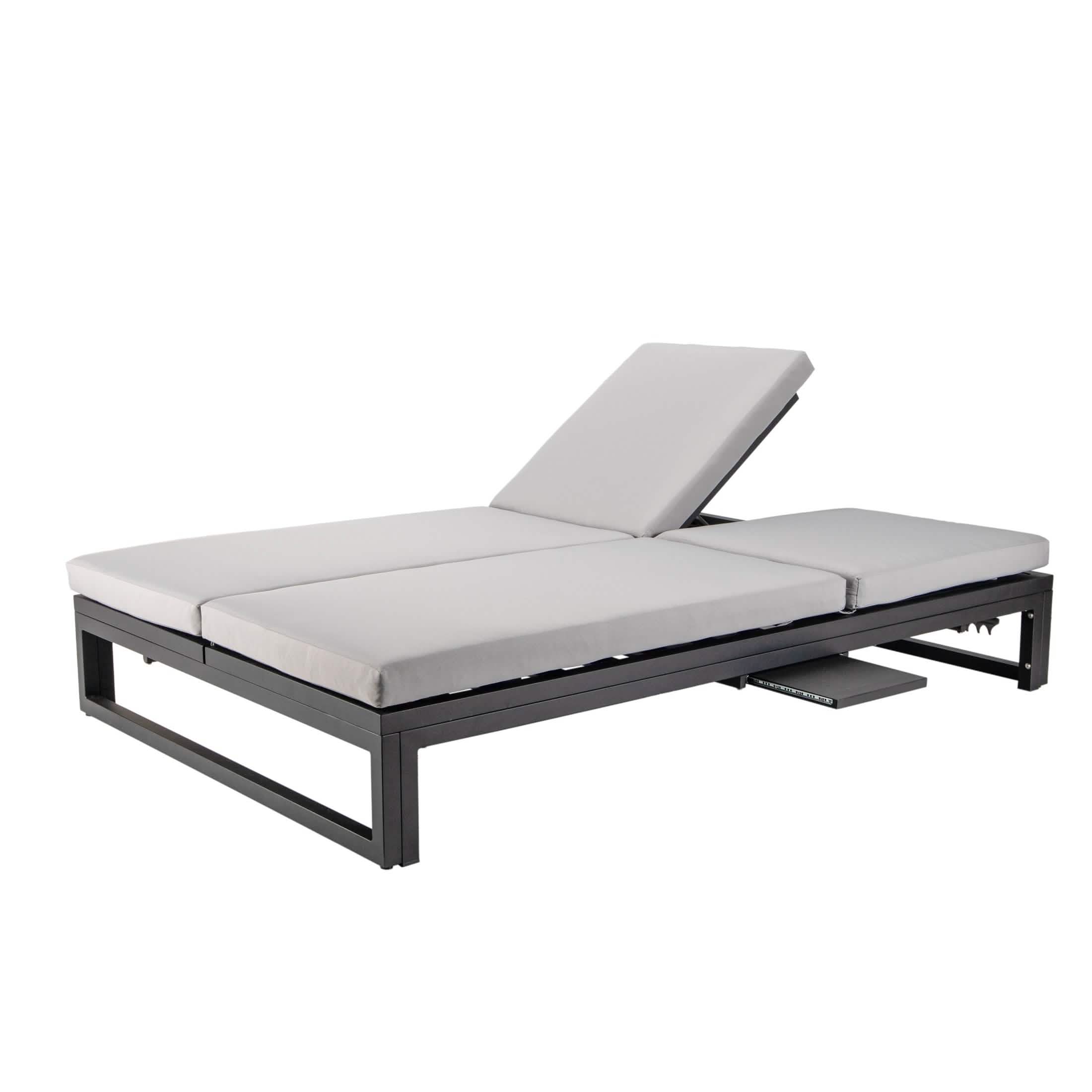 Chelsea Aluminum Outdoor 2 in 1 Convertible Sofa and Double Chaise Lounge Chair with Removable Cushions Black Blue Lounge Chair Leisuremod