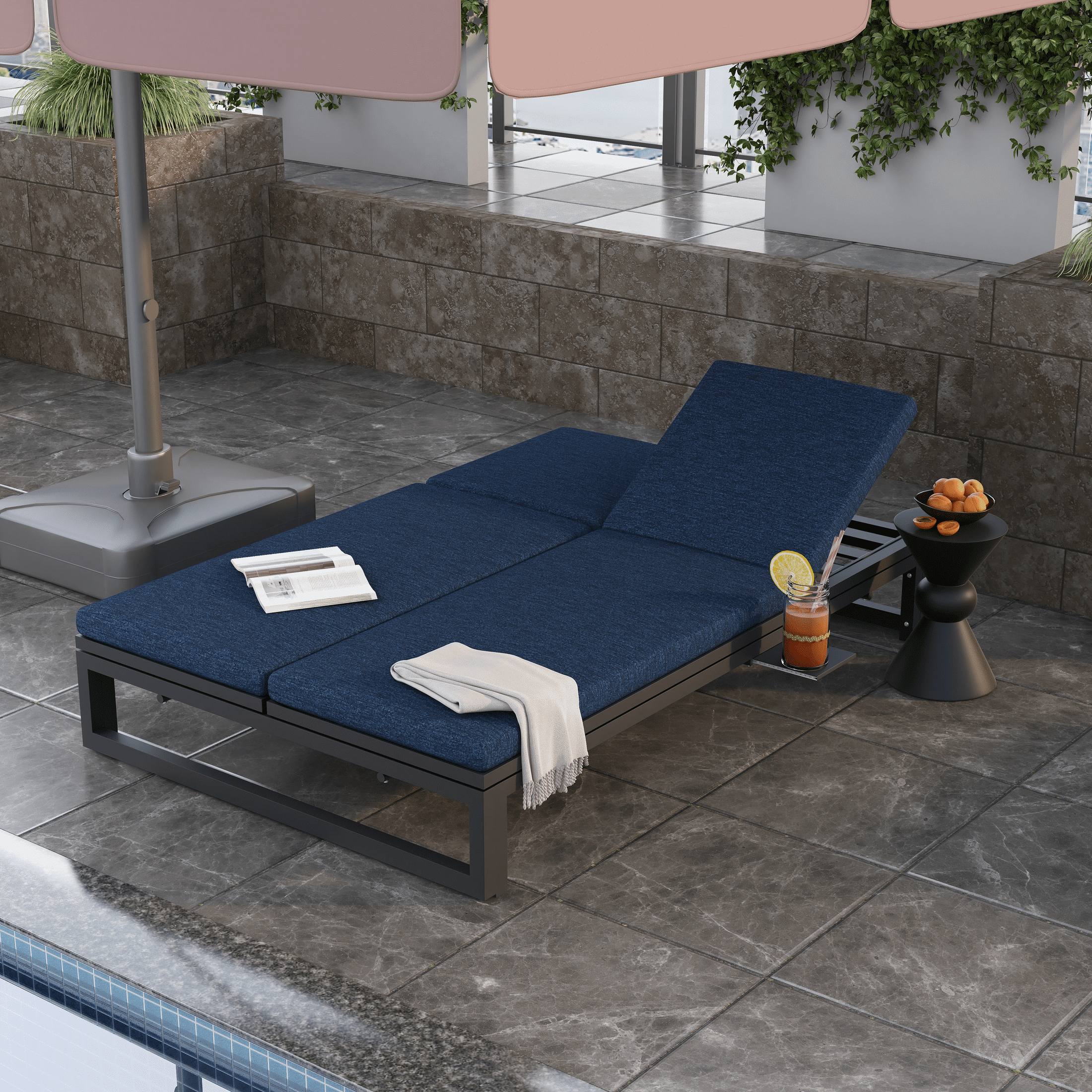 Chelsea Aluminum Outdoor 2 in 1 Convertible Sofa and Double Chaise Lounge Chair with Removable Cushions Black Blue Lounge Chair Leisuremod