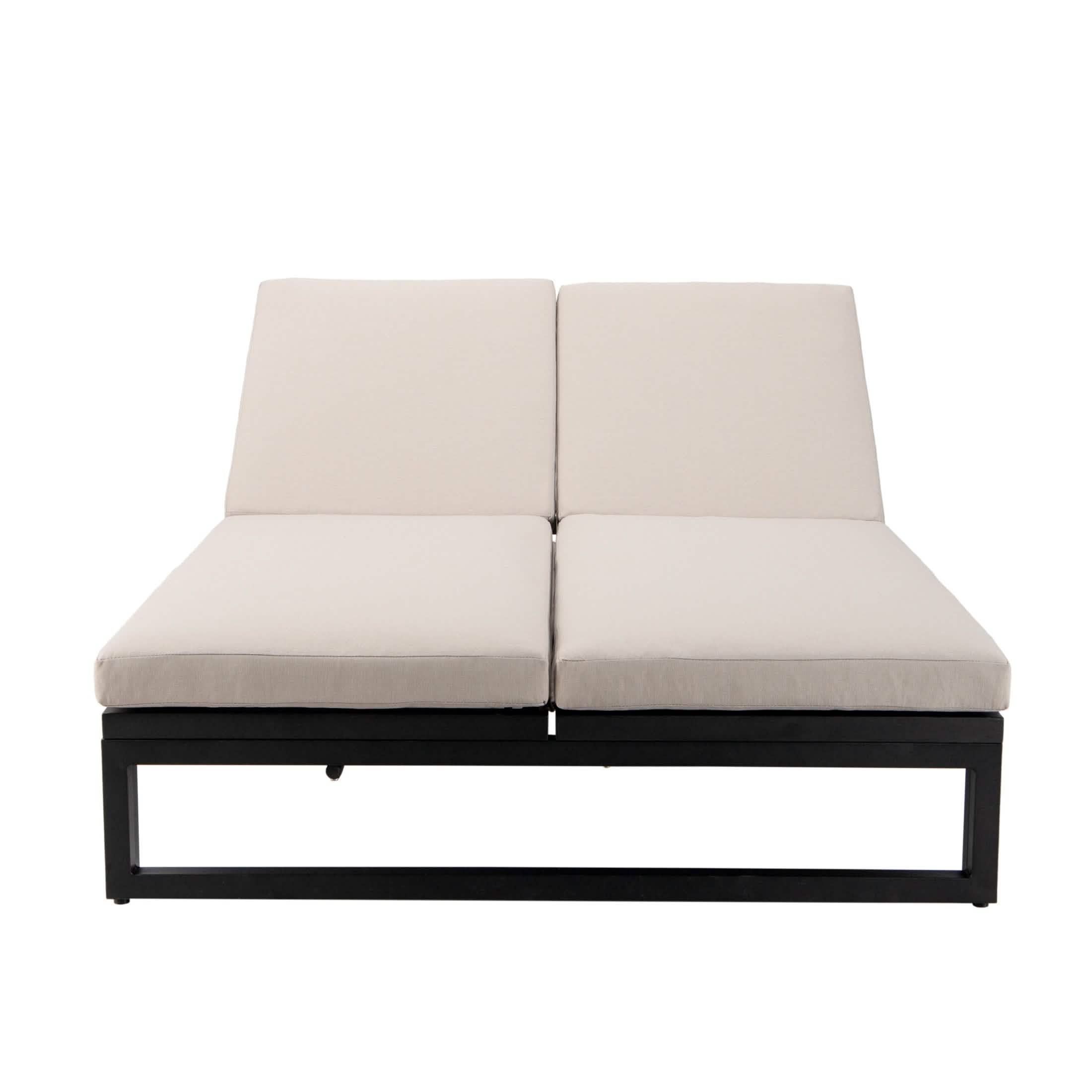 Chelsea Aluminum Outdoor 2 in 1 Convertible Sofa and Double Chaise Lounge Chair with Removable Cushions Black Beige Lounge Chair Leisuremod