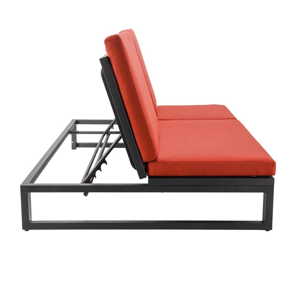 Chelsea Aluminum Outdoor 2 in 1 Convertible Sofa and Double Chaise Lounge Chair with Removable Cushions Black Orange Lounge Chair Leisuremod