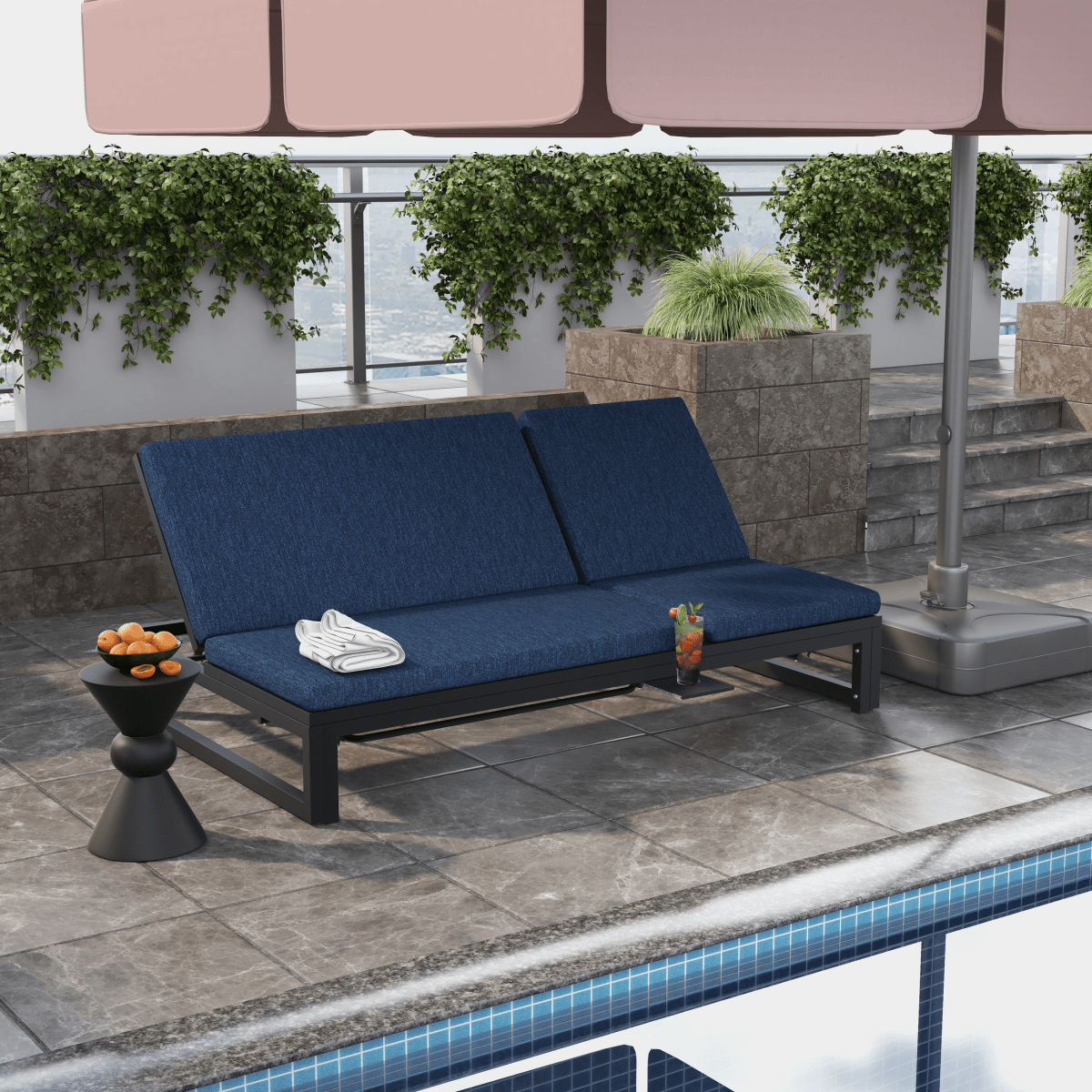 Chelsea Aluminum Outdoor 2 in 1 Convertible Sofa and Double Chaise Lounge Chair with Removable Cushions Black Blue Lounge Chair Leisuremod