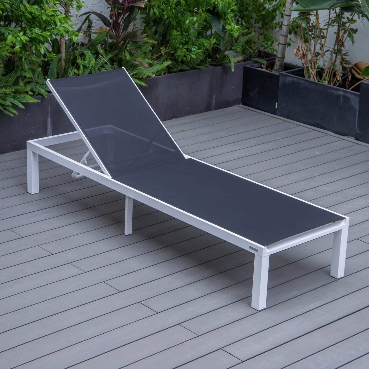 Marlin Modern White Aluminum Outdoor Chaise Lounge Chair With Square Fire Pit Side Table Set of 2 Burgundy Leisuremod