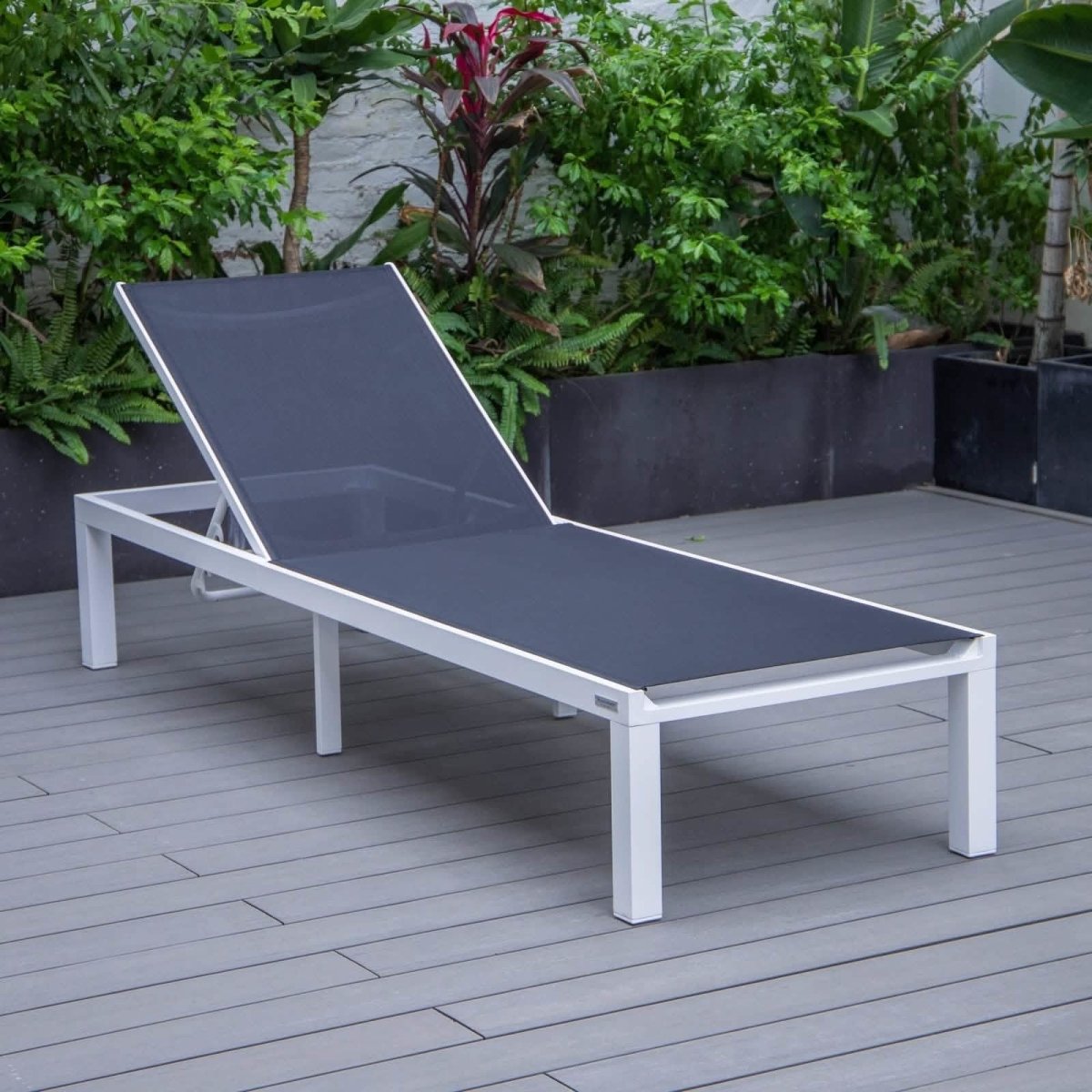 Marlin Modern White Aluminum Outdoor Chaise Lounge Chair With Square Fire Pit Side Table Set of 2 Black Leisuremod