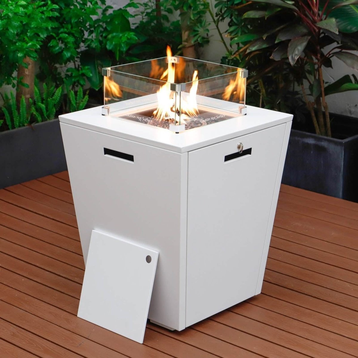 Marlin Modern White Aluminum Outdoor Chaise Lounge Chair With Square Fire Pit Side Table Set of 2 Black Leisuremod