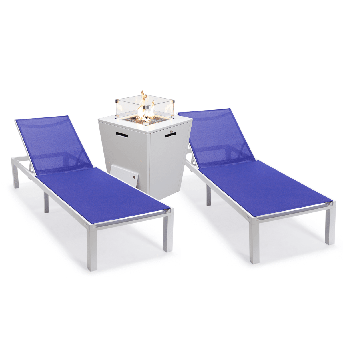 Marlin Modern White Aluminum Outdoor Chaise Lounge Chair With Square Fire Pit Side Table Set of 2 Navy Blue Leisuremod