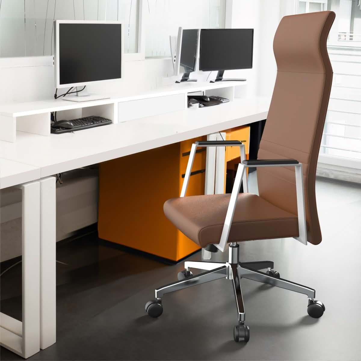 Aleen High-Back Office Chair in Upholstered Leather and Iron Frame with Swivel and Tilt Dark Brown Office Chair Leisuremod