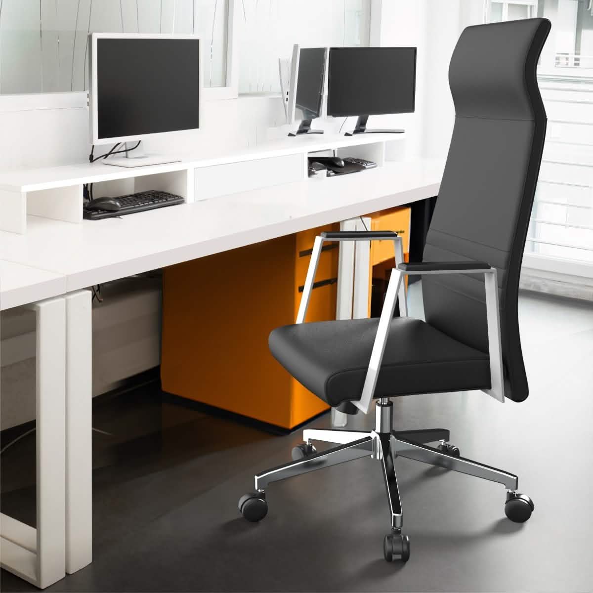 Aleen High-Back Office Chair in Upholstered Leather and Iron Frame with Swivel and Tilt Black Office Chair Leisuremod