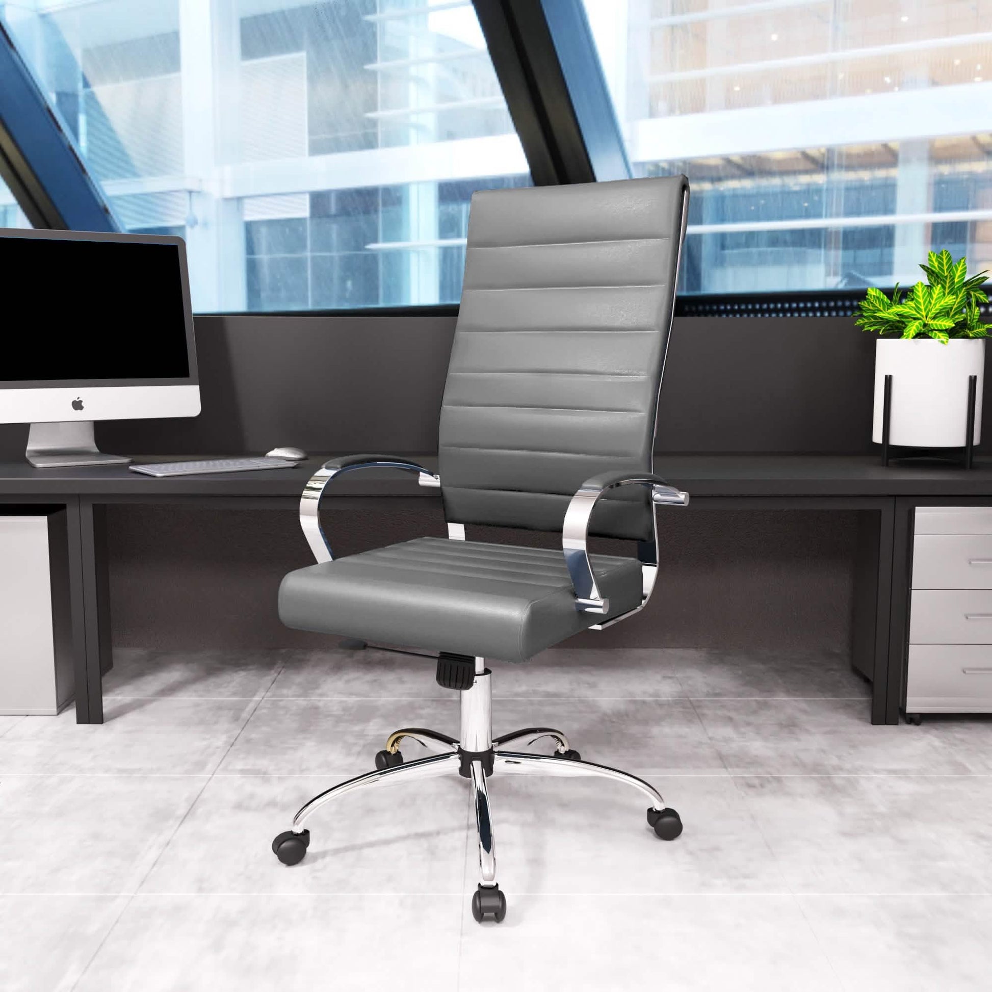 Benmar High-Back Leather Adjustable Office Conference Chair Chrome Grey Office Chair Leisuremod