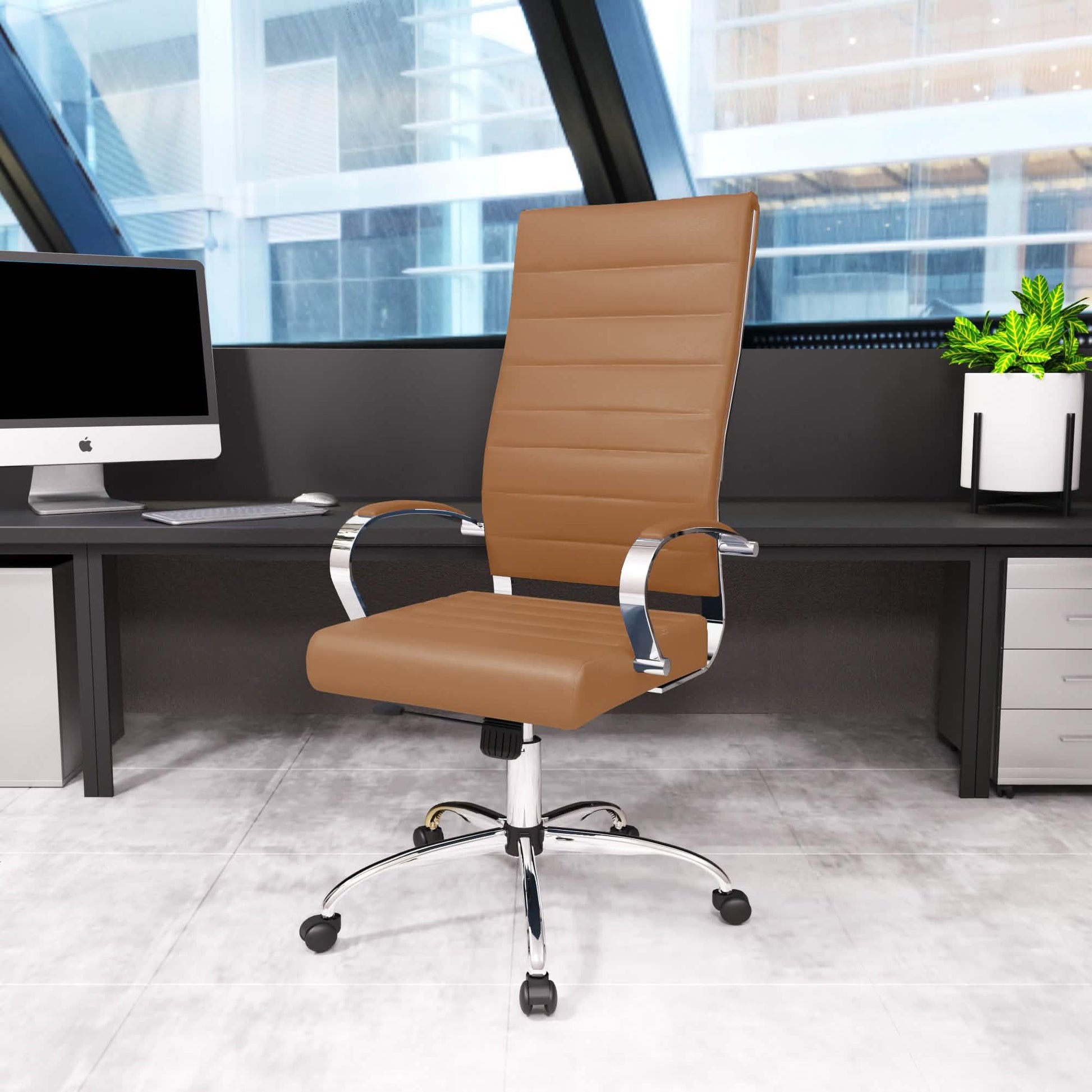 Benmar High-Back Leather Adjustable Office Conference Chair Chrome Brown Office Chair Leisuremod