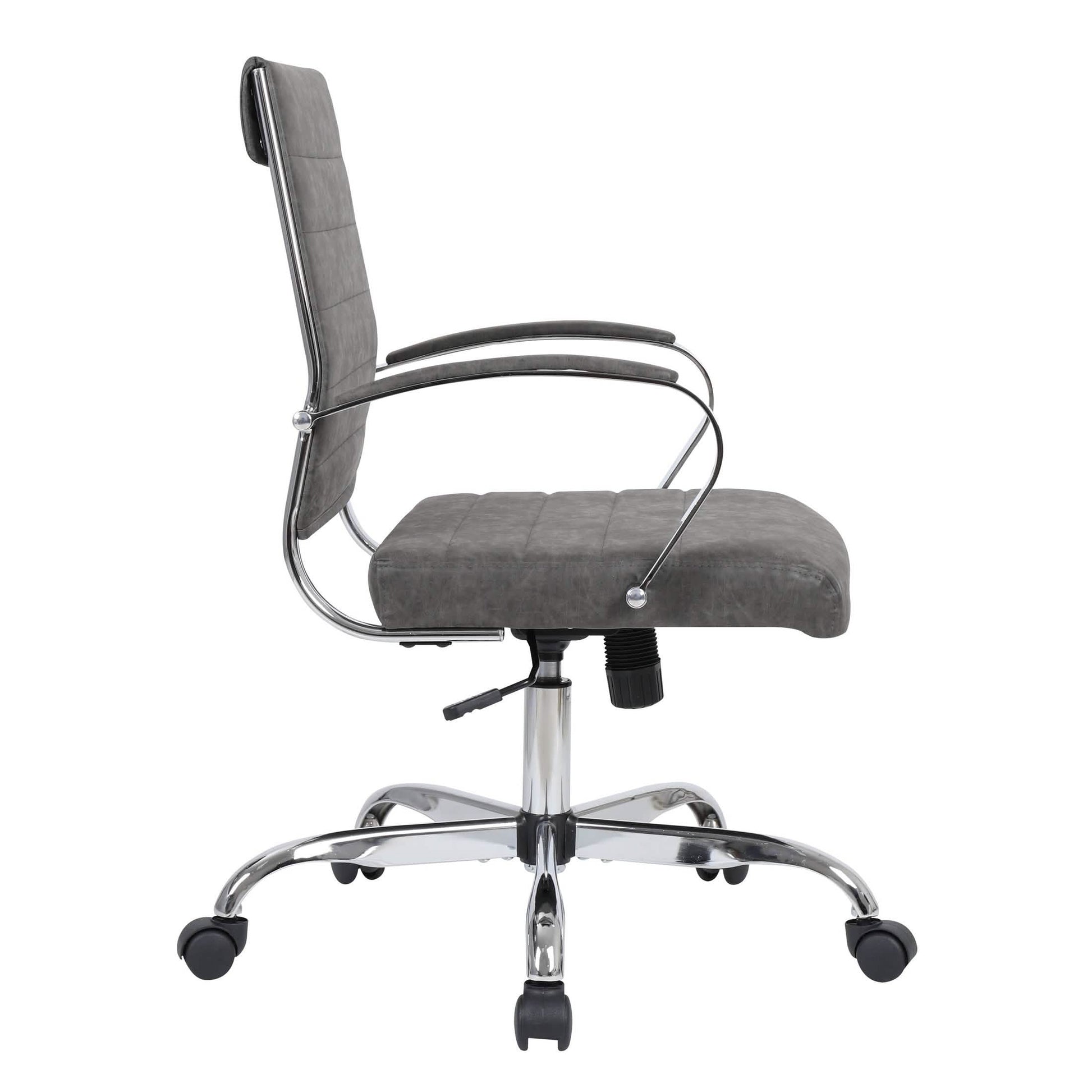 Benmar Mid-Back Leather Office Conference Chair Adjustable Height, Swivel, and Tilt Chrome Charcoal Office Chair Leisuremod