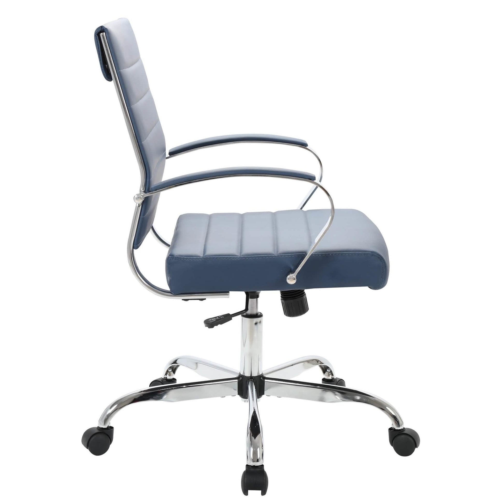 Benmar Mid-Back Leather Office Conference Chair Adjustable Height, Swivel, and Tilt Chrome Navy Blue Office Chair Leisuremod