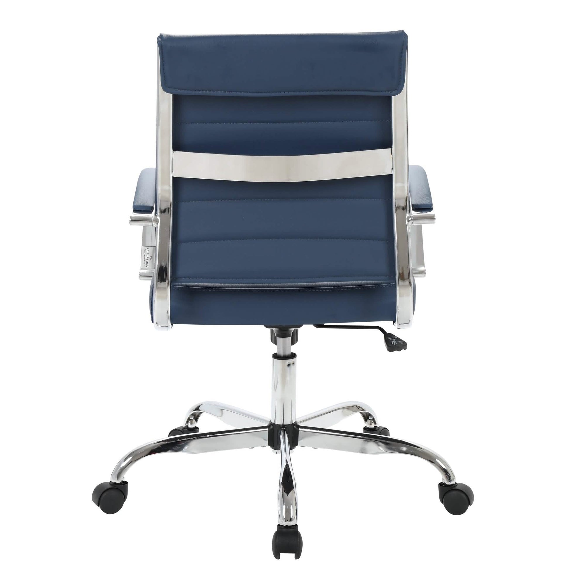 Benmar Mid-Back Leather Office Conference Chair Adjustable Height, Swivel, and Tilt Chrome Navy Blue Office Chair Leisuremod